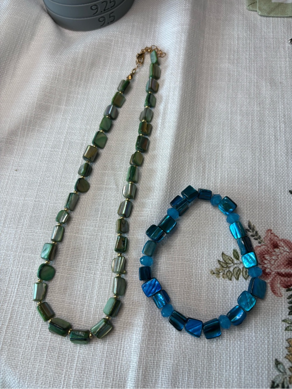 Vintage Green Shell Bead Necklace & Blue Shell Bead Bracelet Set